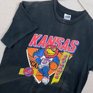 Vintage 1990 Kansas Jayhawks Basketball T Shirt XL Capitol Graphics Mens Black